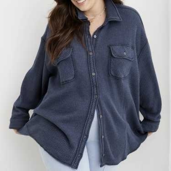 aerie Tops - Aerie Oversized Waffle Knit Button Down Shirt Cozy Lounge Top Blue XL